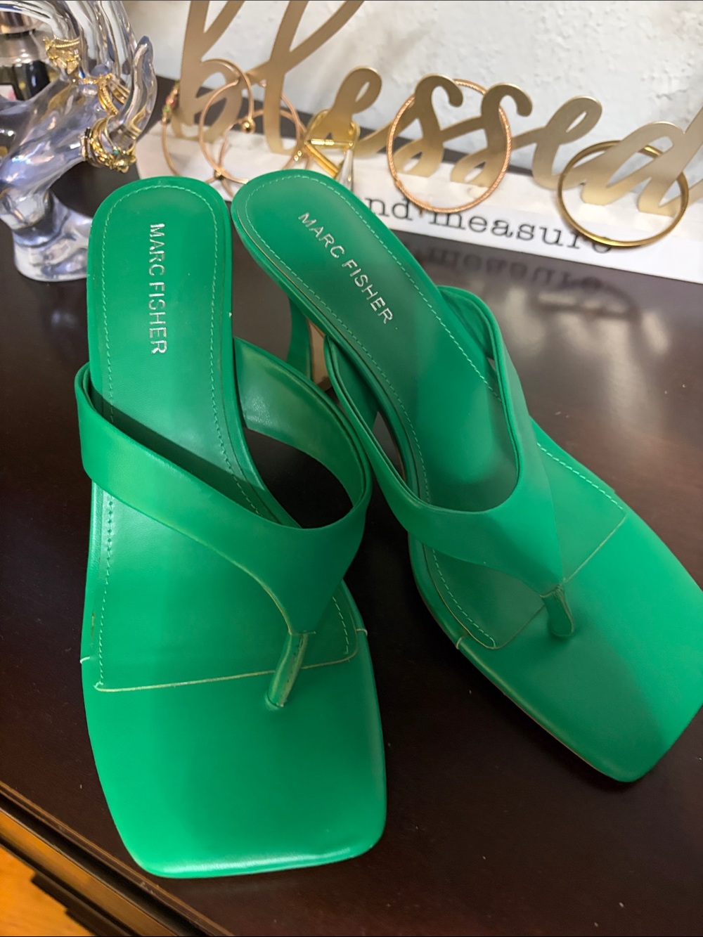 Marc Fisher Green Square-Toe Thong Mules